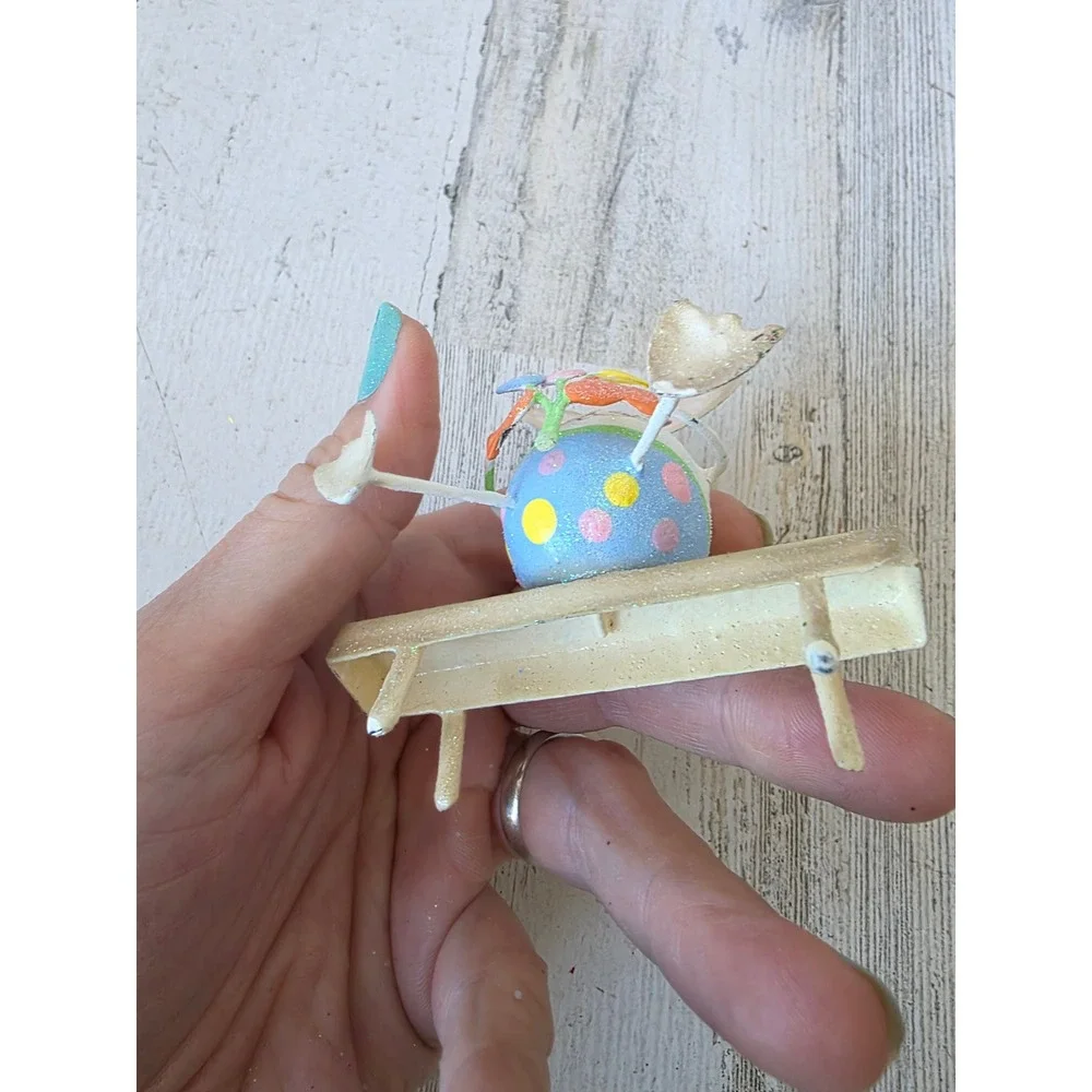 Vintage Pier 1 Easter Bunny bench RARE spring metal ornament glitter rabbit
